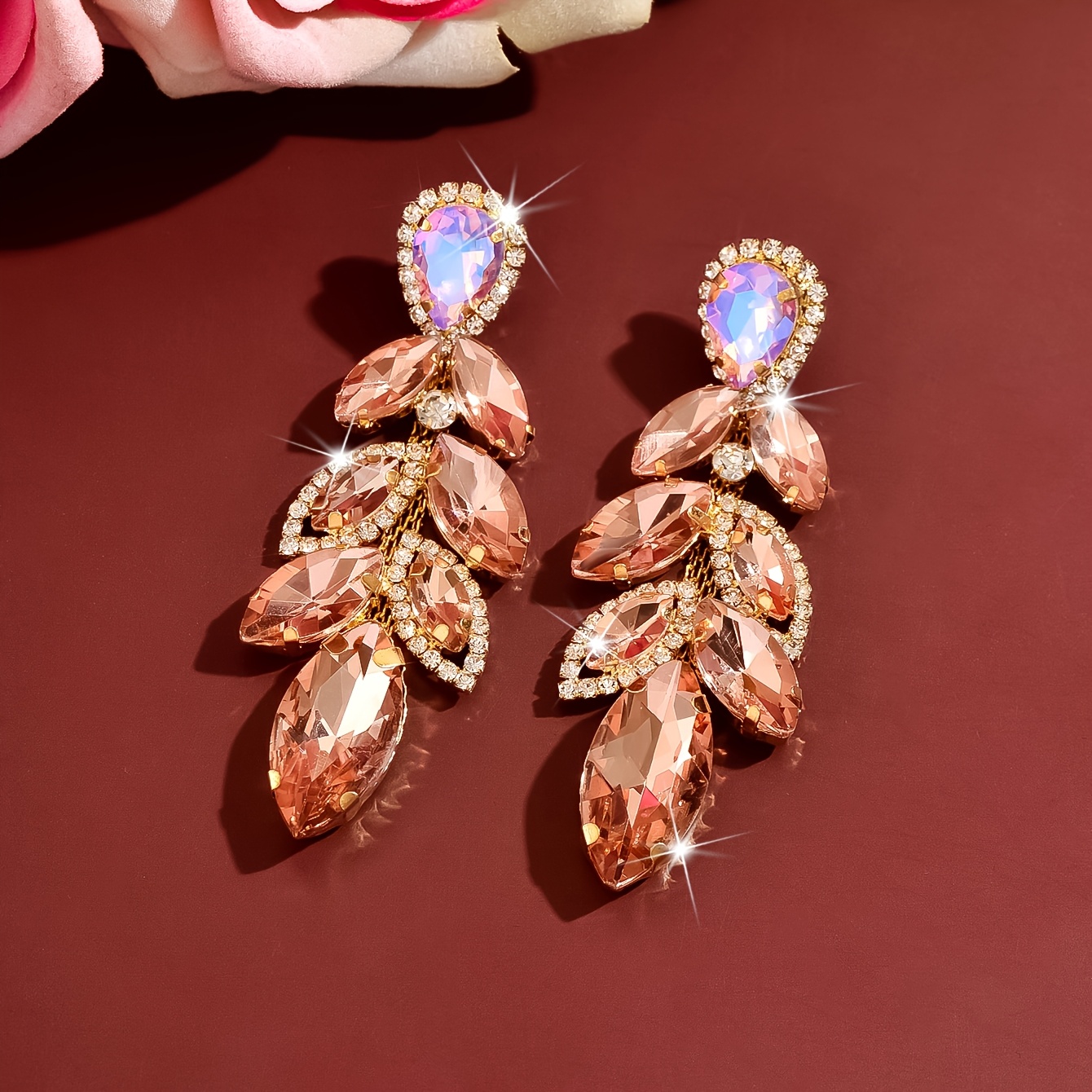 Gorgeous Leaf Drop Earrings with Shiny Marquise Rhinestones